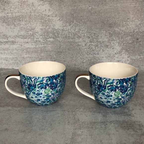 Lilly Pulitzer Ceramic Mugs Cups 2 Piece Blue Floral Print - Picture 5 of 10